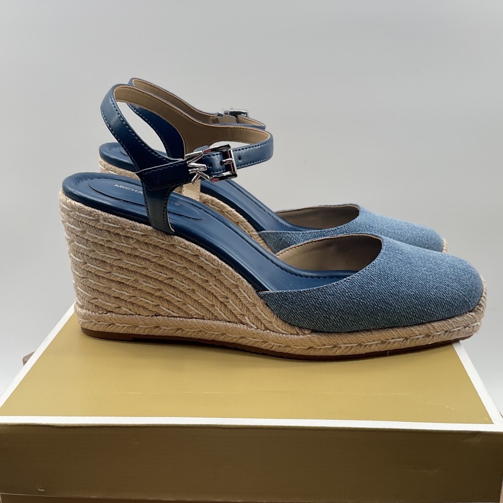 Michael Kors Denim Espadrille Wedge Sandals Blue Square Toe 10M PV25H